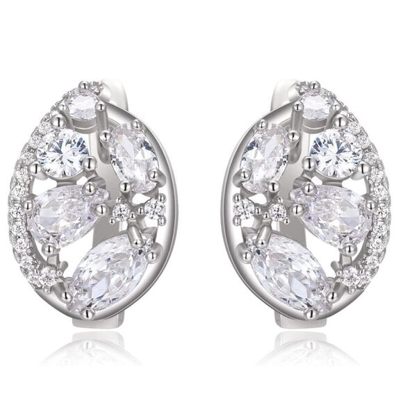 Silver with White Diamond Cubic Zirconia Post French Clip Oval Drop Earrings